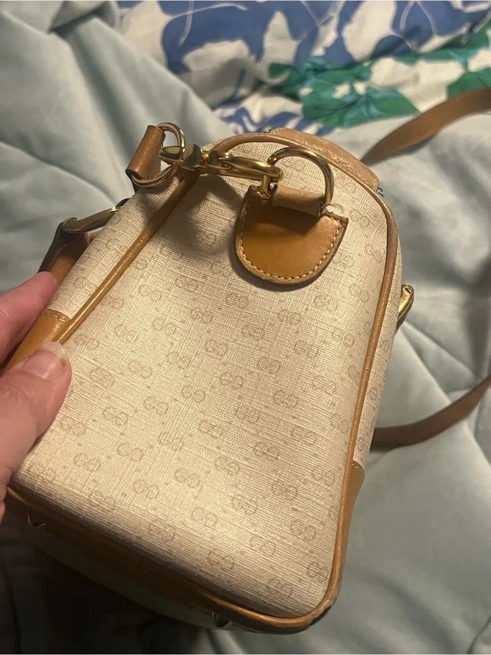 Vintage Gucci Beige gg Monogram Satchel Boston bag speedy tan Leather Handles